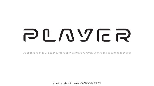 Modern font alphabet from segment line, technology letters A, B, C, D, E, F, G, H, I, J, K, L, M, N, O, P, Q, R, S, T, U, V, W, X, Y, Z and numerals 0, 1, 2, 3, 4, 5, 6, 7, 8, 9, vector illustration 1