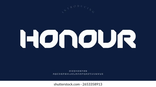 Alfabeto de fonte moderno a partir da linha de segmento, letras de estilo de tecnologia mínima, e números, ilustração vetorial.