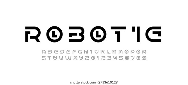 Alfabeto tipográfico moderno de líneas gruesas de segmento, letras de estilo tecnológico y números, Ilustración vectorial 10EPS