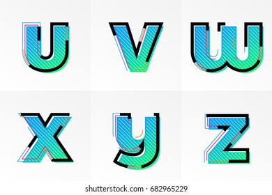 Modern font alphabet set with letter U, V, W, X, Y, Z. Vector abstract letters gradient memphis color and line design on white background for poster title headline or corporate identity typography.