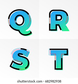 Modern font alphabet set with letter Q, R, S, T. Vector abstract letters gradient memphis color and line design on white background for poster title headline or corporate identity typography.