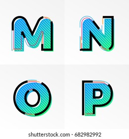 Modern font alphabet set with letter M, N, O, P. Vector abstract letters gradient memphis color and line design on white background for poster title headline or corporate identity typography