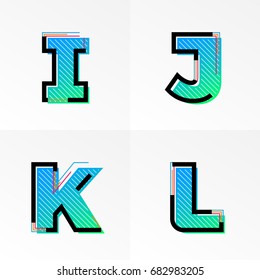 Modern font alphabet set with letter I, J, K, L. Vector abstract letters memphis gradient color and line design on white background for poster title headline or corporate identity typography.