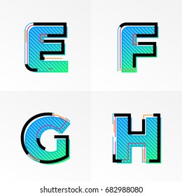 Modern font alphabet set with letter E, F, G, H. Vector abstract letters memphis gradient color and line design on white background for poster title headline or corporate identity typography.