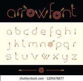 Modern font alphabet shaped like archery arrows. Vector illustration.