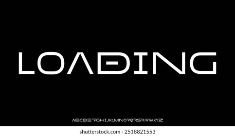 Alfabeto de fonte moderno, letras tecnológicas A, B, C, D, E, F, G, H, I, J, K, L, M, N, O, P, Q, R, S, T, U, V, W, X, Y, Z e algarismos 0, 1, 2, 3, 4, 5, 6, 7, 8, 9, ilustração vetorial 