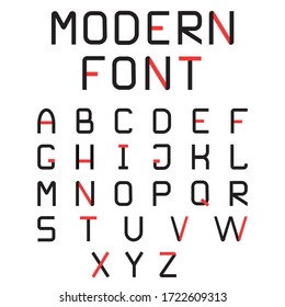 Modern font in black and red. Latin, English letters. Stylish concise vector font