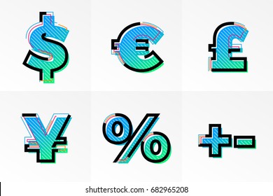 Modern font currency exchange signs and symbols set. Vector abstract memphis font with gradient color and line design on white background for poster title headline or corporate identity typography