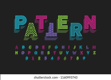 Modern font design with different patterns inside, alphabet letters and numbers vector illustration