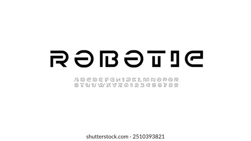 Modern font digital cyber alphabet made segment line, trendy letters A, B, C, D, E, F, G, H, I, J, K, L, M, N, O, P, Q, R, S, T, U, V, W, X, Y, Z and numerals 0, 1, 2, 3, 4, 5, 6, 7, 8, 9