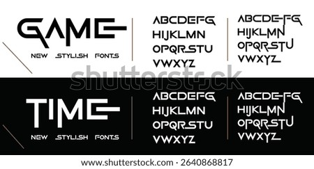 Modern font digital game alphabet made segment line, trendy letters A, B, C, D, E, F, G, H, I, J, K, L, M, N, O, P, Q, R, S, T, U, V, W, X, Y, Z and numerals 0, 1, 2, 3, 4, 5, 6, 7, 8, 9