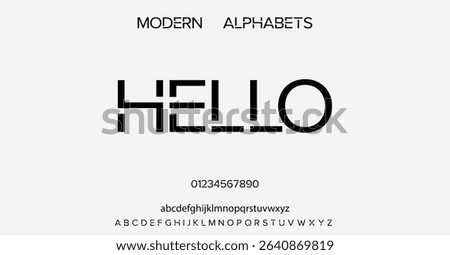 Modern font digital Hello  alphabet made segment line, trendy letters A, B, C, D, E, F, G, H, I, J, K, L, M, N, O, P, Q, R, S, T, U, V, W, X, Y, Z and numerals 0, 1, 2, 3, 4, 5, 6, 7, 8, 9