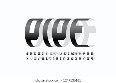 Modern font Pipe, three-dimensional alphabet letters and numbers vector illustration