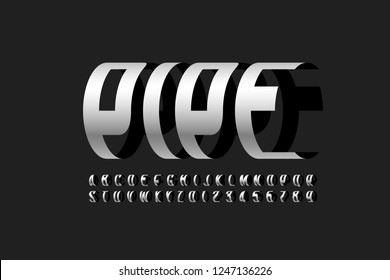 Modern font Pipe, three-dimensional alphabet letters and numbers vector illustration