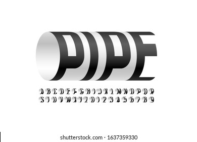 Fuente moderna Pipe, letras alfabéticas tridimensionales e ilustración vectorial de números