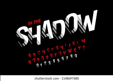 Modern font with shadow effect, alphabet letters and numbers, vector illustration