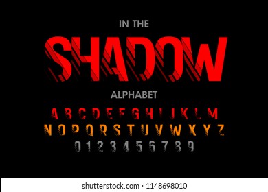 Modern font with shadow effect, alphabet letters and numbers, vector illustration