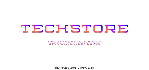 Fuente moderna, alfabeto serif de losa, letras tecnológicas A, B, C, D, E, F, G, H, I, J, K, L, M, N, O, P, Q, R, S, T, U, V, W, X, Y, Z y numerales 0, 1, 2, 3, 4, 5, 6, 7, 8, 9, ilustración vectorial 10EPS