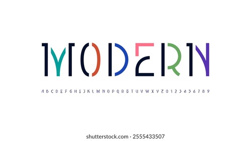 Modern font stencil alphabet made luxury style, uppercase trendy multi-colored letters from A to Z and numbers from 0 to 9, vector illustration 10EPS.