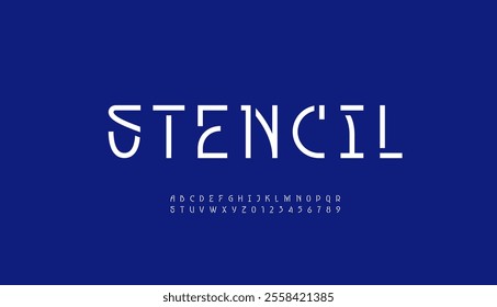 Modern font stencil alphabet made retro stencil style, uppercase trendy letters from A to Z and numbers from 0 to 9, vector illustration 10EPS.