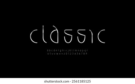 Modern font thin alphabet made chrome luxury style, lowercase silver letters from A to Z and numbers from 0 to 9, vector illustration 10EPS.