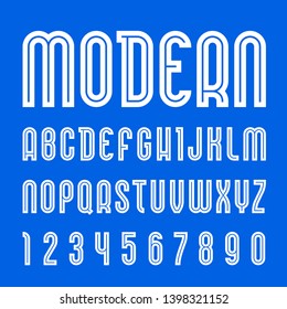 Modern font. Trendy alphabet, vector white letters and numbers on a blue background.