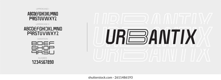 Modern Font. Uppercase Number Typography, and variations. Urban style font for tech, space, digital, movie logo design. Vector illustration