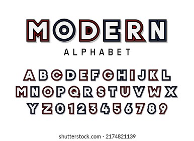 Modern font vector. Full alphabet and numbers in red and blue colors. Bold, fun and cheerful style