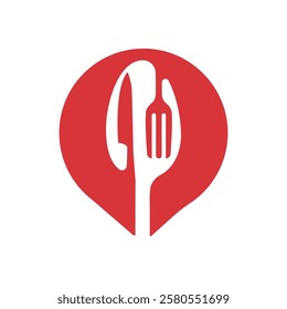 Modern food delivery icon with a spoon, fork, and knife integrated with a location sign.