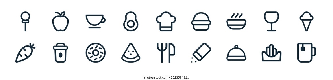 modern food and drink icon pack. perfect for linear ui designs featuring vector tea cup, fried potatoes, restaurant, salt and pepper, restaurant, watermelon, donut and more icons for mobile web