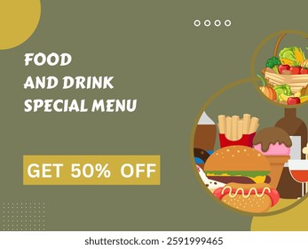 Modern food and drink menu template with vector illustrations of fast food, desserts, and fresh vegetables. Ideal for restaurants, cafes, and food promotions. 