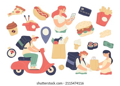 Modern food express safety protection delivery service collection doodle vector illustration. Customers and couriers in face mask pandemic prevention isolated. Digital grocery shop fast shipment