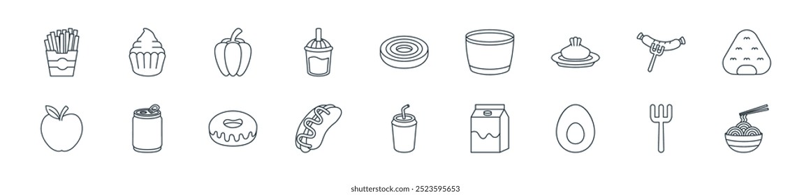modern food icon pack. perfect for linear ui designs featuring vector ramen, fork, boiled egg, milk, soft drink, hotdog, donut and more icons for mobile and web apps.