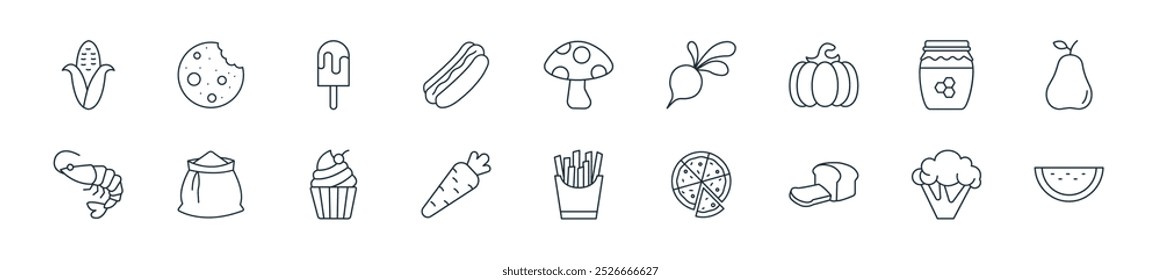 modern food icon pack. perfect for linear ui designs featuring vector watermelon, cauliflower, bread, pizza, french fries, carrot, cupcake and more icons for mobile and web apps.