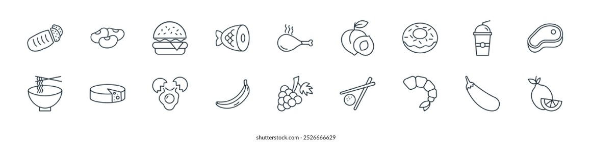 modern food icon pack. perfect for linear ui designs featuring vector lemon, eggplant, shrimp, sushi, grapes, banana, egg and more icons for mobile and web apps.