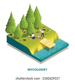 Modern food industry profession isometric composition with two women mycologists picking and studying mushrooms in forest 3d vector illustration