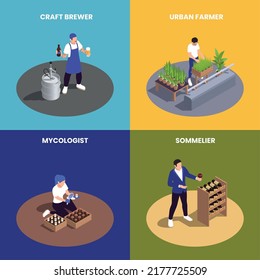 Modern food industry professions 2x2 design concept with sommelier craft brewer mycologist and urban farmer isolated 3d isometric vector illustration