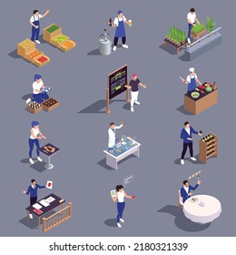 Modern food industry professions isometric set with vegan chef sommelier urban farmer molecular gastronomist restaurant critic mycologist isolated 3d vector illustration