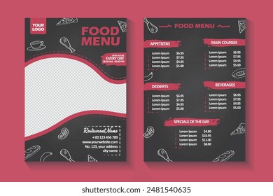 Diseño de menú de comida moderna para restaurante o cafetería. Plantilla de menú del restaurante. Menú de comida a doble cara.