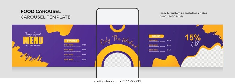 Modern Food menu social media carousel template. Carousel template for food menu. Creative and minimalist food menu design. EPS vector illustration.