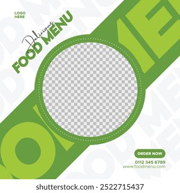 Modern food menu social media post template featuring green and white colour scheme with space for product image, perfect for restaurant promotions and food advertising.