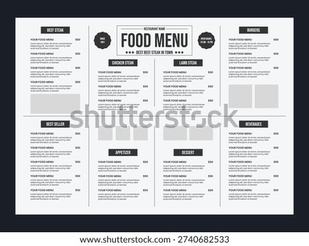 Modern food menu template for restaurant. Cafe food menu design in A4 document size.