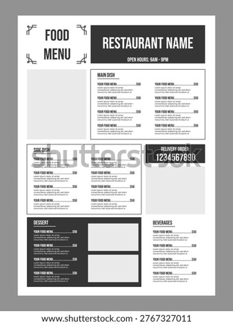 Modern food menu template for restaurant or cafe. Simple and clean restaurant flyer design for food menu.