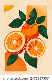 Modern food poster design for home decoration. Vector oranges on a colourful background. Kitchen wall art, napkins print design