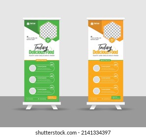 Modern food rollup banner design for restaurant. Vertical, roll-up template, food roll up banner design template, Editable template illustration