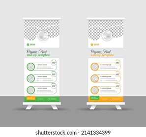 Modern food rollup banner design for restaurant. Vertical, roll-up template, food roll up banner design template, Editable template illustration