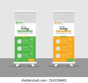 Modern food rollup banner design for restaurant. Vertical, roll-up template, food roll up banner design template, Editable template illustration