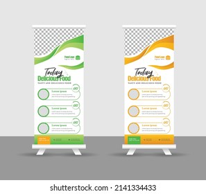 Modern food rollup banner design for restaurant. Vertical, roll-up template, food roll up banner design template, Editable template illustration