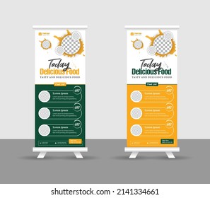 Modern food rollup banner design for restaurant. Vertical, roll-up template, food roll up banner design template, Editable template illustration