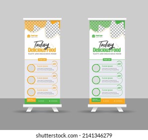 Modern food rollup banner design for restaurant. Vertical, roll-up template, food roll up banner design template, Editable template illustration